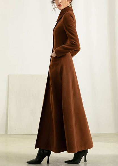 Brown Wool Maxi Coat - Vintage Fit and Flare Silhouette 2955