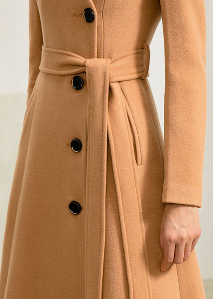 Camel Wool Maxi Coat - Fit and Flare Silhouette with Self Tie Belt 2954
