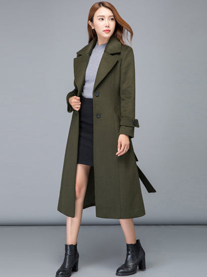 Army Green Wool Midi Coat - Fit & Flare Silhouette with Belt 2476
