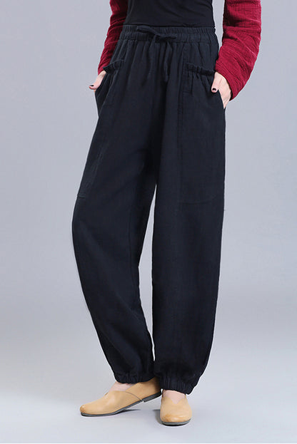 Black Linen Wide Leg Pants - Loose Fit Elastic Waist Bloomers 3669