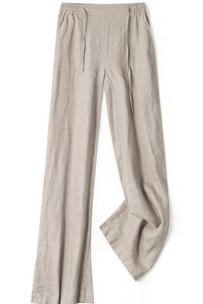 Rust Brown Linen Wide Leg Pants - Elastic Waist, Side Pockets 3506