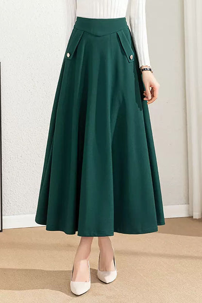 Emerald Green Cotton Blend A-Line Maxi Skirt - High Waist, Flowing Silhouette 40