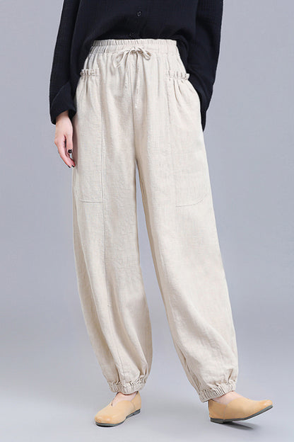 Black Linen Wide Leg Pants - Loose Fit Elastic Waist Bloomers 3669