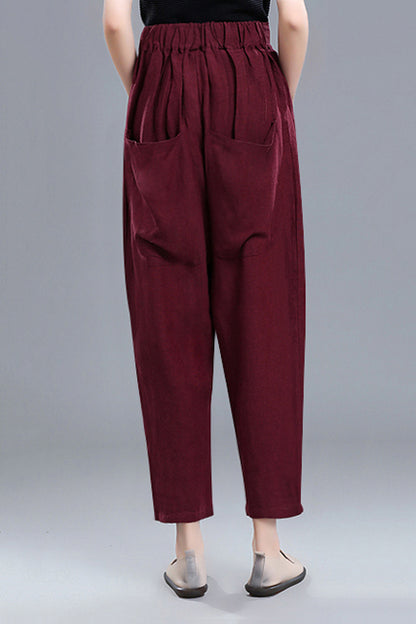 Wine Red Linen Cotton Wide Leg Pants - Vintage High Waist 3670