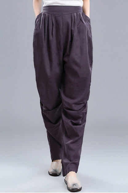 Black Linen Cotton Wide Leg Pants - Vintage Inspired Elastic Waist 3672