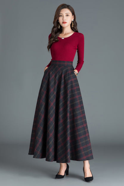 Black Red Plaid Wool Skirt - Ankle-Length Full Silhouette with Elastic Waist 3807