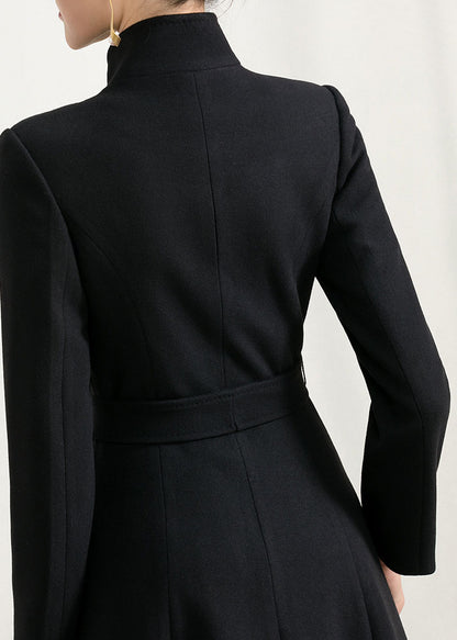 Black Wool Maxi Coat - High Collar, Fit and Flare Silhouette 2957