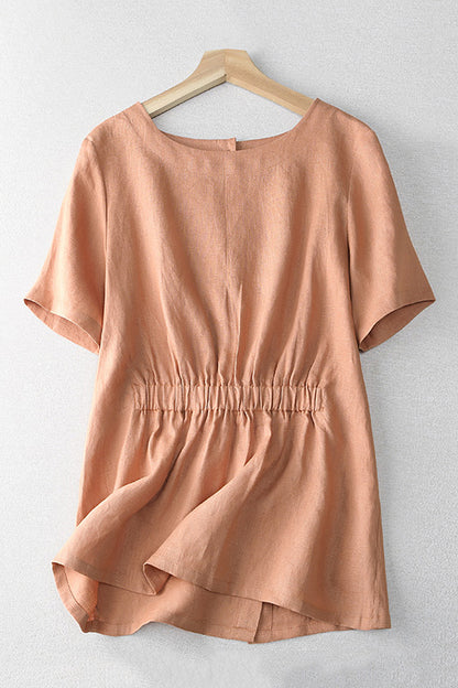 Apricot Linen Short Sleeve Top - Casual Relaxed Fit 3660