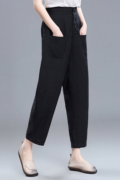 Wine Red Linen Cotton Wide Leg Pants - Vintage High Waist 3670