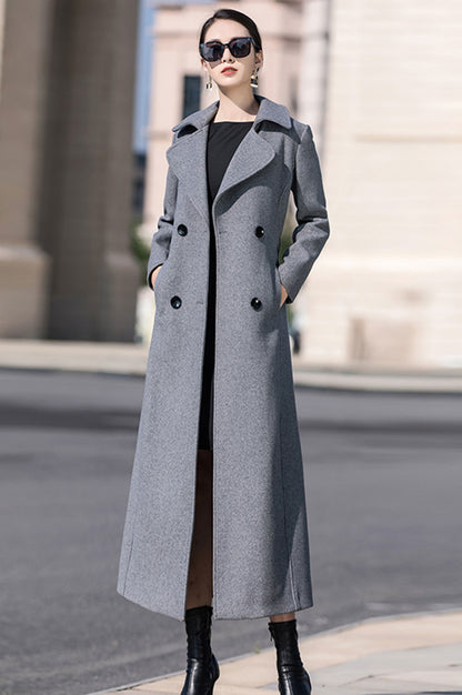 Gray Wool Maxi Coat - Double Breasted with Belt 3193