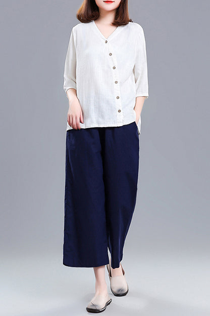 White Linen Cotton V-Neck Top - Asymmetric Button Detail 3676
