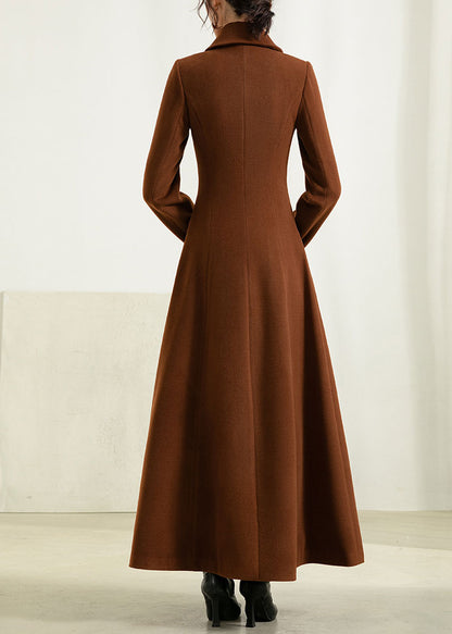 Brown Wool Maxi Coat - Vintage Fit and Flare Silhouette 2955