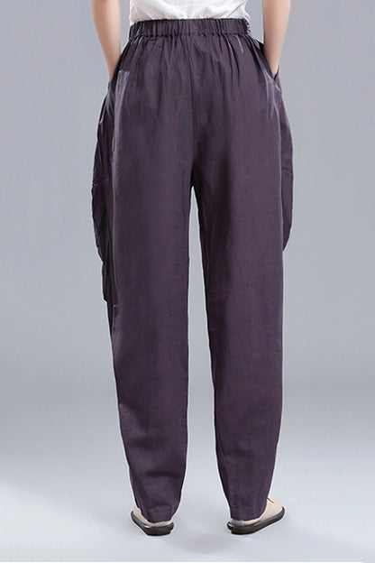 Black Linen Cotton Wide Leg Pants - Vintage Inspired Elastic Waist 3672