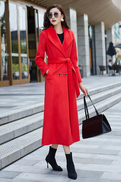 Red Wool Coat – Handmade Long Double Breasted Belted Winter Overcoat for Women 3975