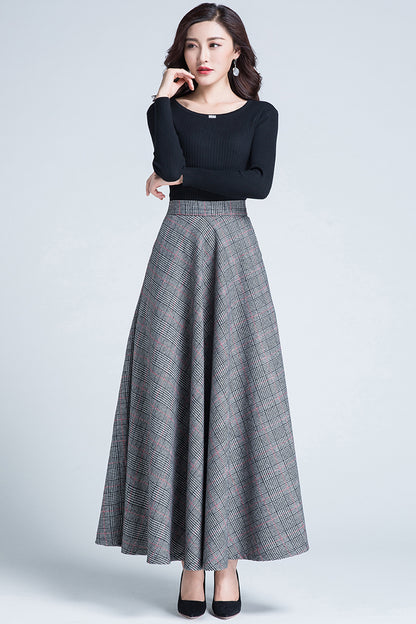 Plaid Wool Skirt - High Waist Ankle Length with Full Silhouette 3945