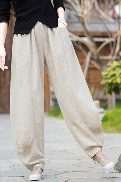 Beige Linen Wide Leg Pants - Loose Fit, Elastic Waist 3668