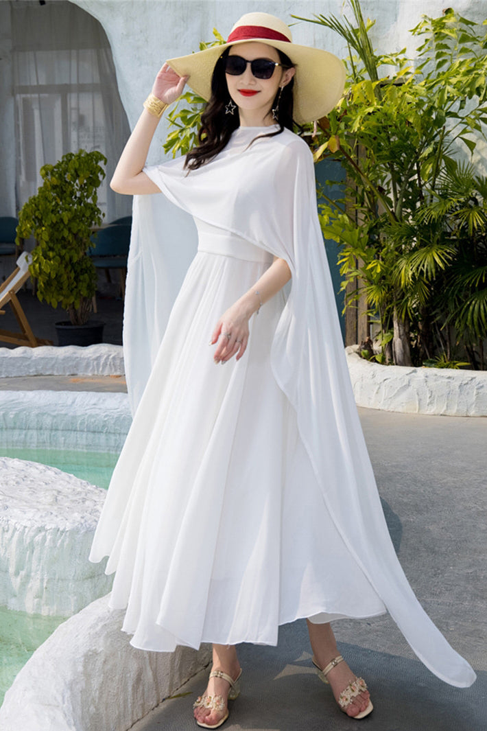 White Chiffon Sleeveless Dress - Flowing Vintage Cloak Silhouette 3691