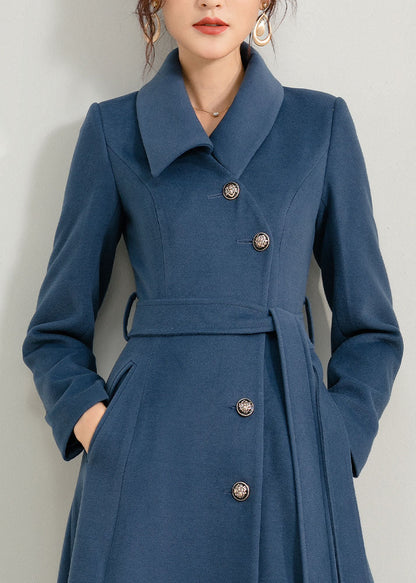 Blue Wool Maxi Coat - Fit and Flare Silhouette with Belt 2949