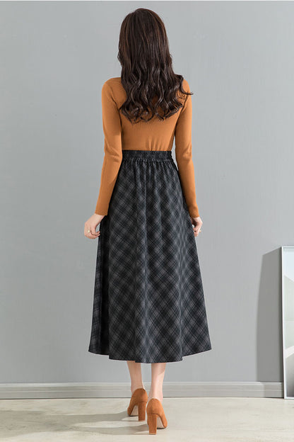 Black Plaid Cotton Blend Midi A-Line Skirt - Elastic High Waist 40