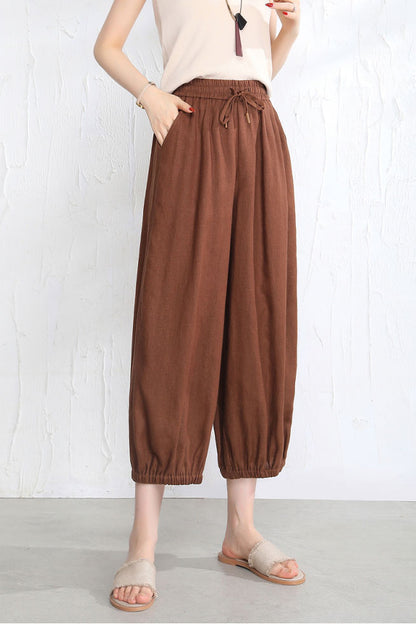 Brown Linen Wide Leg Pants - Elastic Waist and Casual Fit 3519