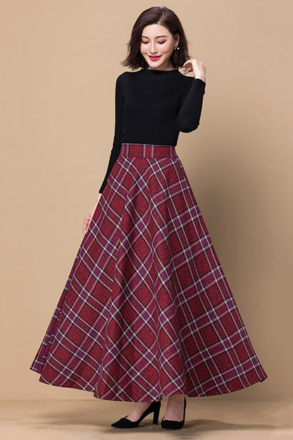 Red Wool Plaid Maxi Skirt - Full Swing & Ankle Length 3796