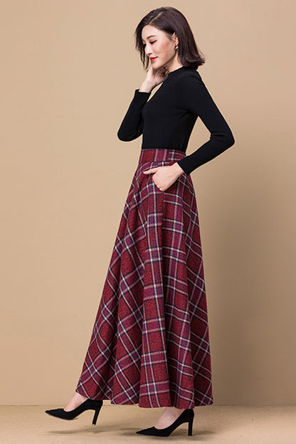 Red Wool Plaid Maxi Skirt - Full Swing & Ankle Length 3796