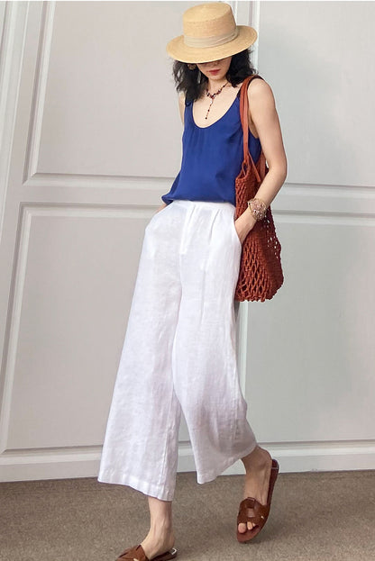 Pink Linen Wide Leg Pants - Elastic Waist, Casual Comfort 3508
