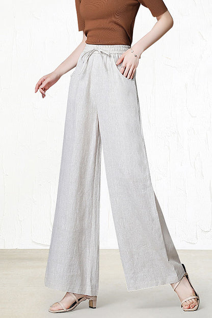 White Linen Wide Leg Pants - Elastic Waist with Front Pockets 3518
