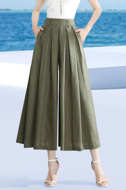 Wine Red Linen Wide Leg Pants - Back Elastic Waist, Front Pockets 3528