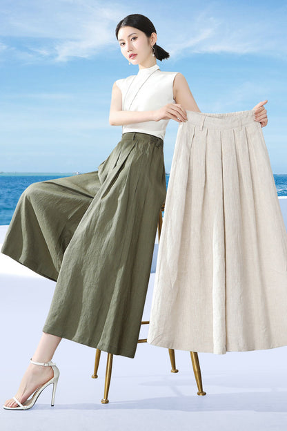 Wine Red Linen Wide Leg Pants - Back Elastic Waist, Front Pockets 3528