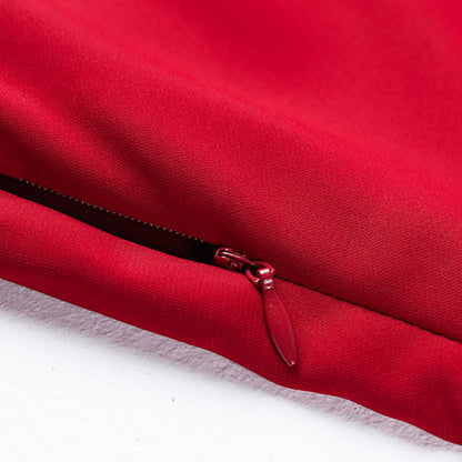 Red Polyester Maxi Dress - Fit and Flare V-Neck with High Waist 3199