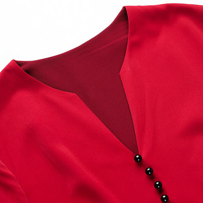 Red Polyester Maxi Dress - Fit and Flare V-Neck with High Waist 3199