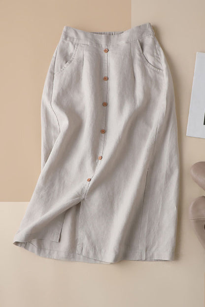 Beige Linen Maxi Skirt - Elastic Waist with Side Pockets 3595