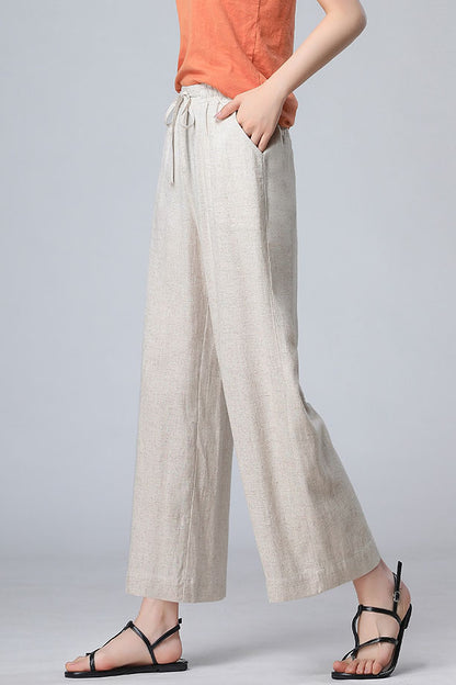 Brown Linen Wide Leg Pants - Elastic Waist, Loose Fit 3520