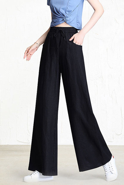 White Linen Wide Leg Pants - Elastic Waist with Front Pockets 3518