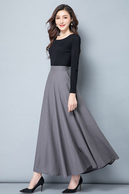 Dark Green Linen A-Line Maxi Skirt - High Waist with Side Pockets 4114