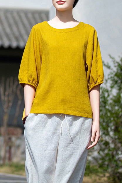 Off White Linen Blend Round Neck Top - Loose Fit Half Sleeve 3674