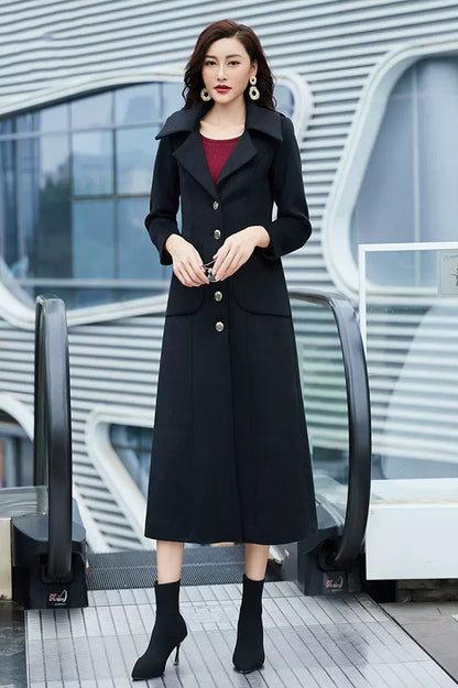 Black Wool Coat – Handmade Long Slim Fit Button Front Winter Overcoat for Women 3976