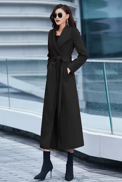 Handmade Red Wool Coat – Elegant Double-Breasted Belted Long Winter Overcoat | Xiaolizi 3981