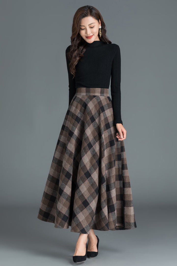 Women Winter Long Plaid Wool Skirt 3804
