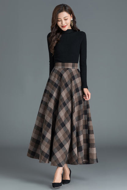 Plaid Wool Maxi Skirt - Flowing A-Line with Elastic Waist 3804