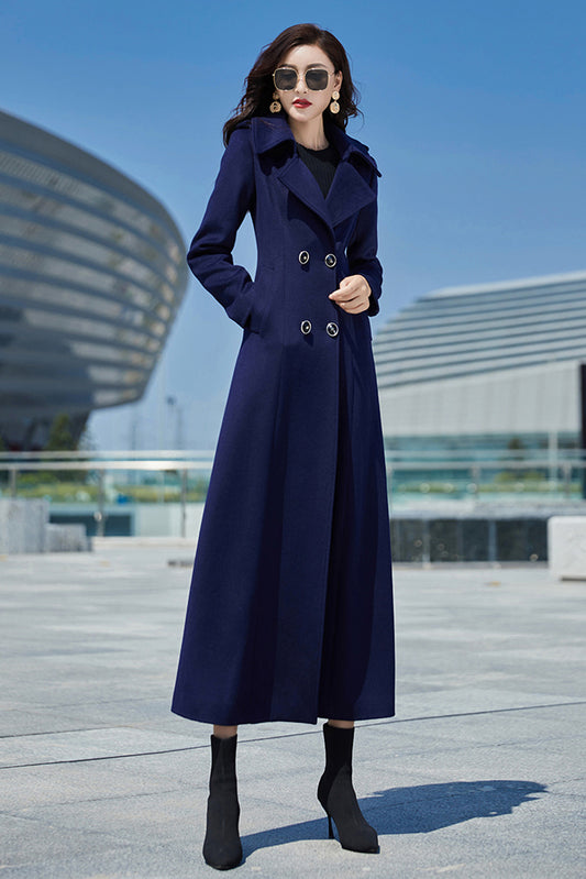 Navy Blue Double Breasted Wool Coat 3979