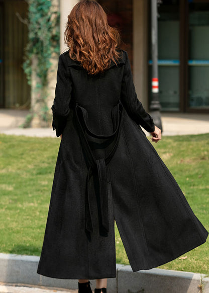 Navy Wool Maxi Coat - Double Breasted A-Line with Belt 2459