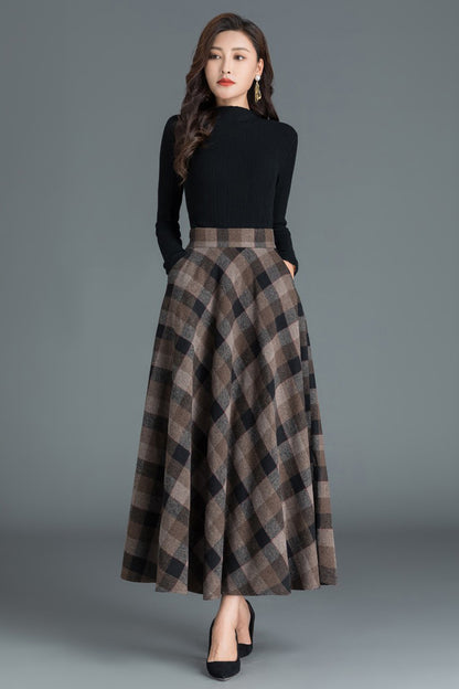 Plaid Wool Maxi Skirt - Flowing A-Line with Elastic Waist 3804
