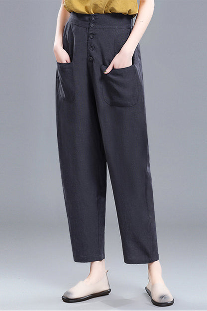 Wine Red Linen Cotton Wide Leg Pants - Vintage High Waist 3670