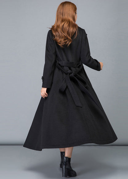 Black Wool Maxi Coat - Stand Collar Fit and Flare Silhouette 2478
