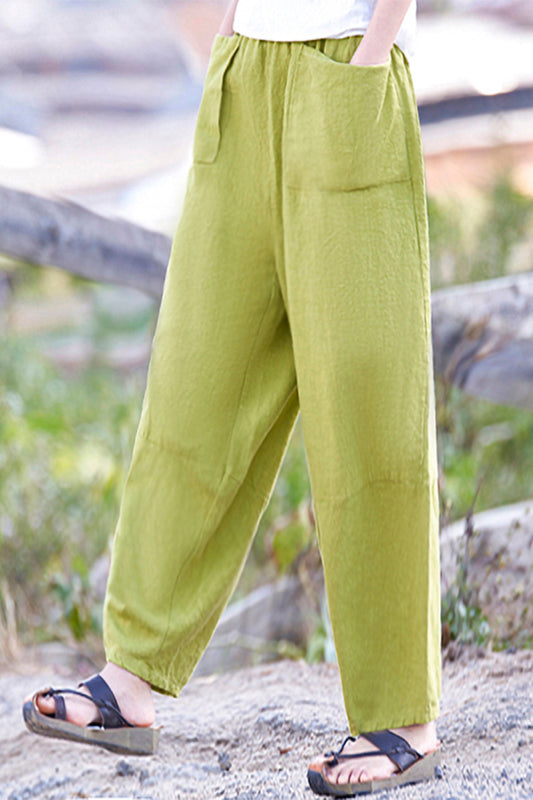 Light Green Linen Cotton Wide Leg Pants - Elastic Waist Casual Fit 3665