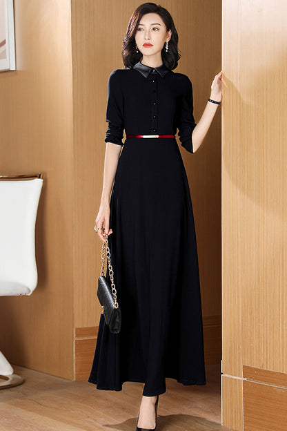 Navy Polyester Dress - Fit and Flared, Polo Collar with Nine-Quarter Sleeves 3196