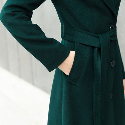 Handmade Wool Blend Coat – Dark Green Long Winter Trench Style | Xiaolizi 2458