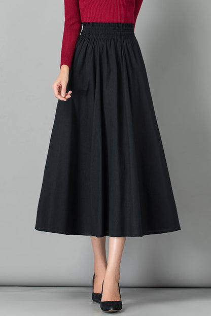 Emerald Green Linen Midi Skirt - High Waist Pleated Casual Style 4103